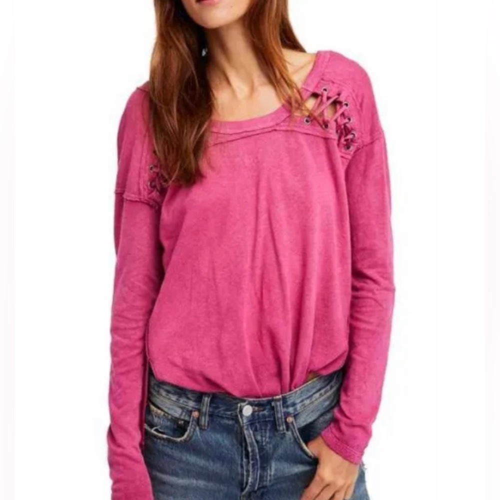 We The Free Lace-Up Distressed Long Sleeve Top Raspberry Size M